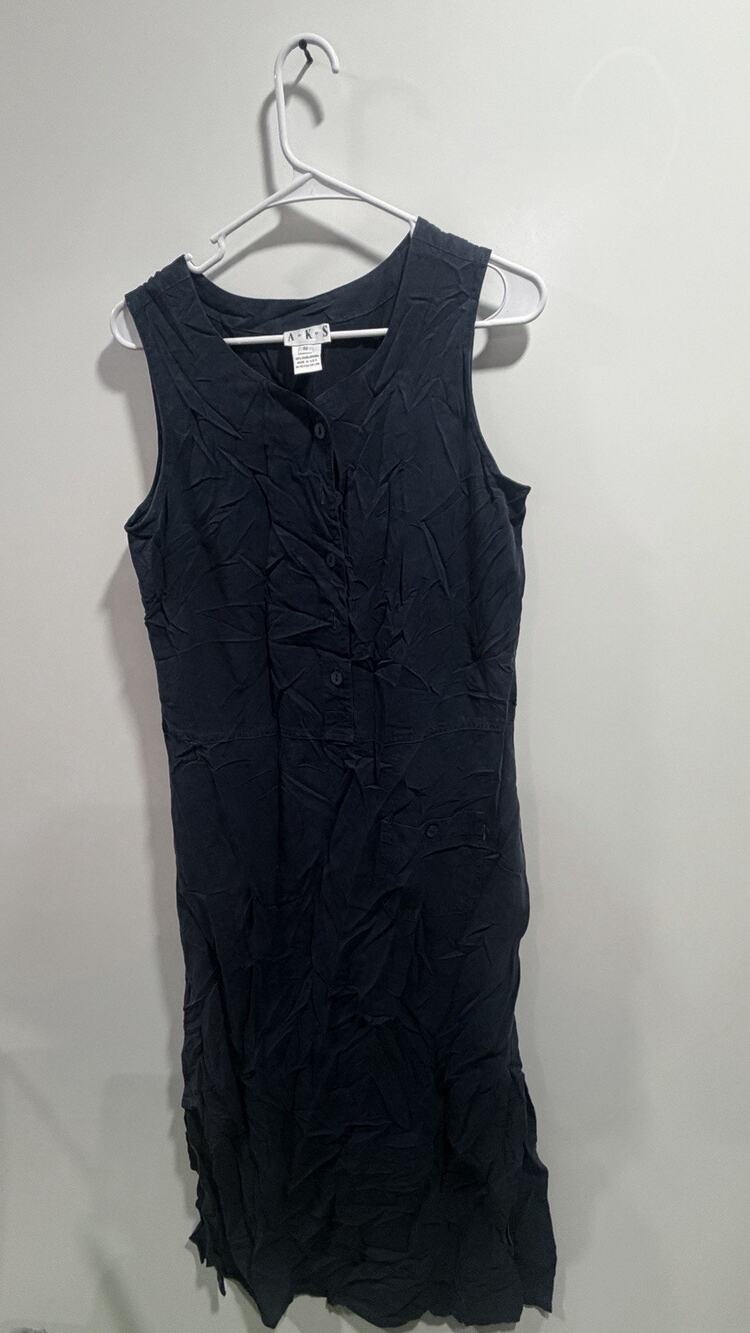Vintage A. K. S. Navy Blue A Line Long Dress Size S With Pockets